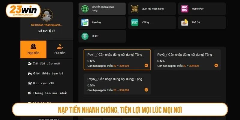 Nạp tiền nhanh chóng, tiện lợi mọi lúc mọi nơi
